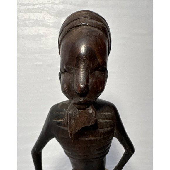 African Man Wood Sculpture with Cane 11" Tall Hand Carved In Tanganyika - Picture 2 of 10